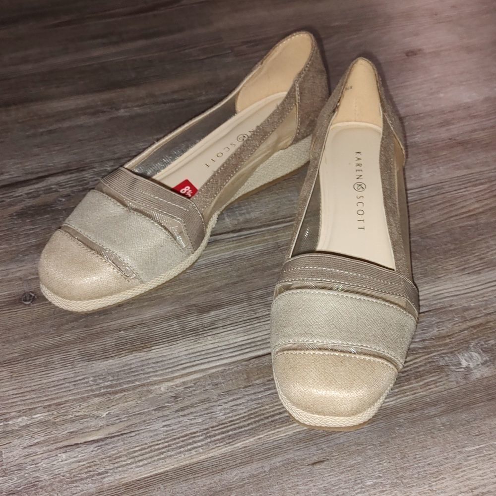 Karen Scott Caroline mesh side  tan summer night out  wedge Sz 8.5